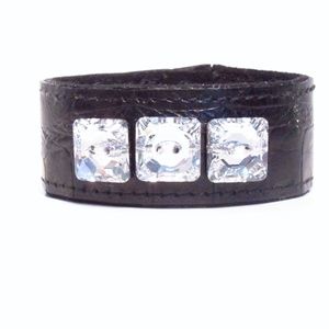 Black Leather Bracelet with Swarovski Crystals